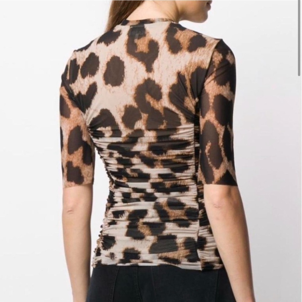 Ganni Ruched Leopard Print Stretch Mesh in Brown/Black/Medium - Picture 2 of 10
